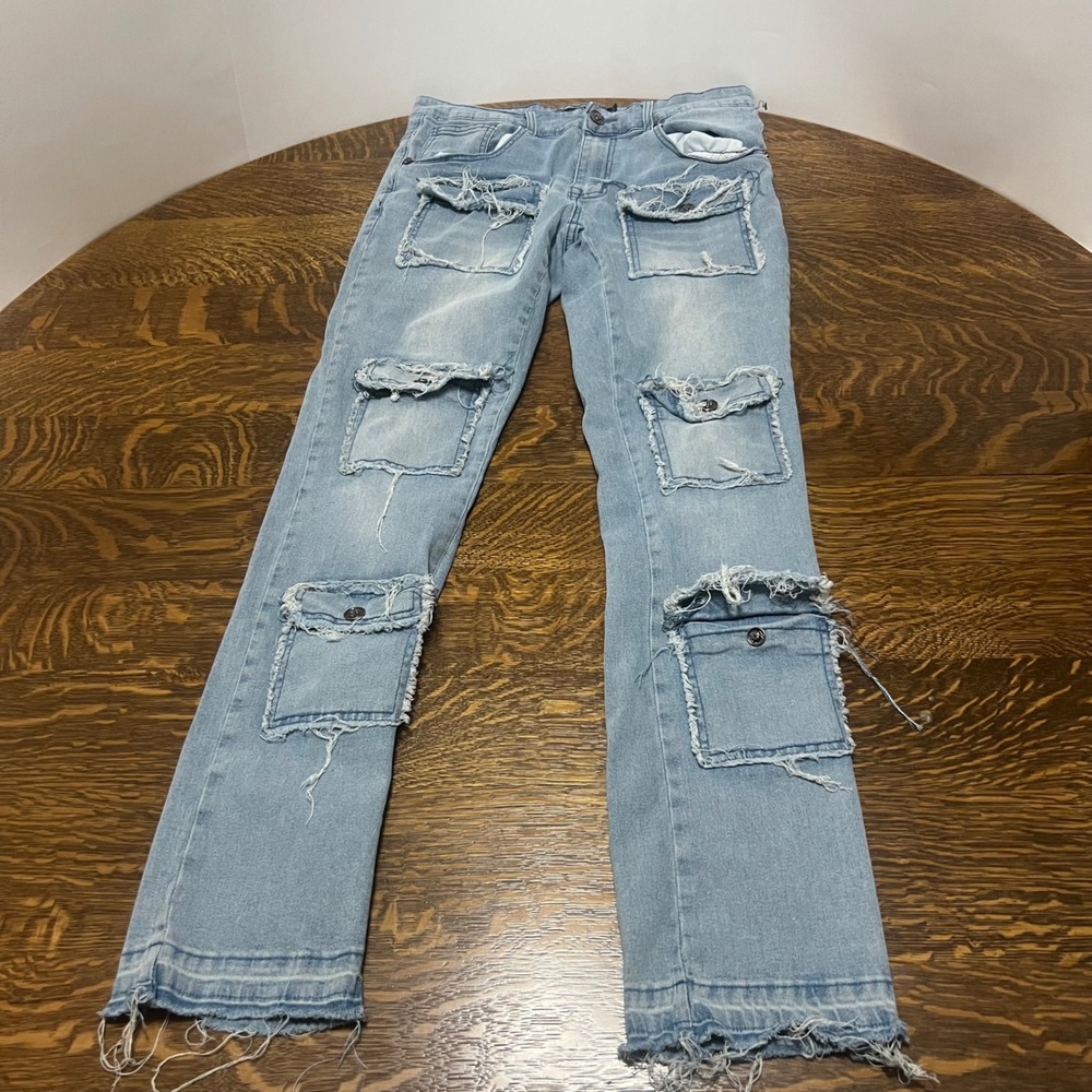 Rebel Vengeance Cargo Jeans Men's 32 Light Wash Distressed Frayed Raw Hem Slim